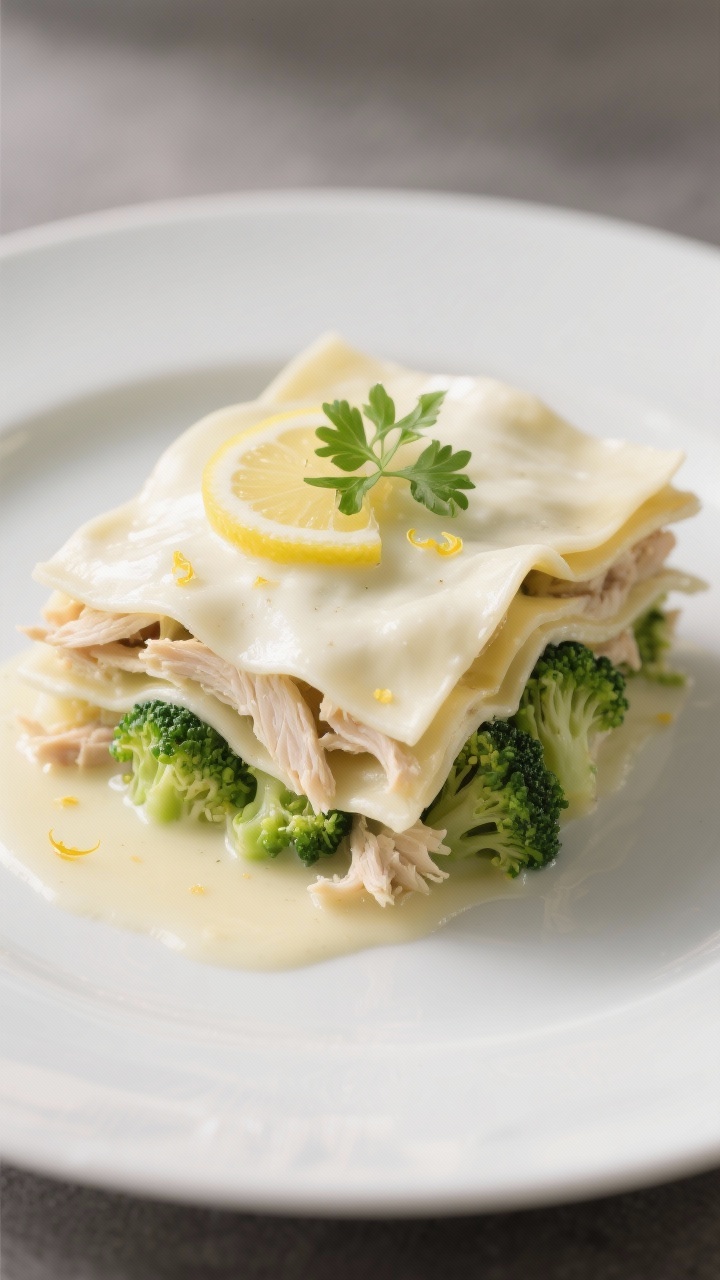 Straight-on plated White Lasagna with Lemon, Chicken, and Broccoli: creamy white layers featuring shredded chicken, small broccoli florets blanched to bright green, silky sauce of butter, garlic, heavy cream, and chicken broth, with mozzarella and a hint of lemon zest; slice stands tall with clean layers, sauce pooling slightly on the plate, garnished with zest curls and parsley; neutral plate, cool daylight for a fresh, elegant look.