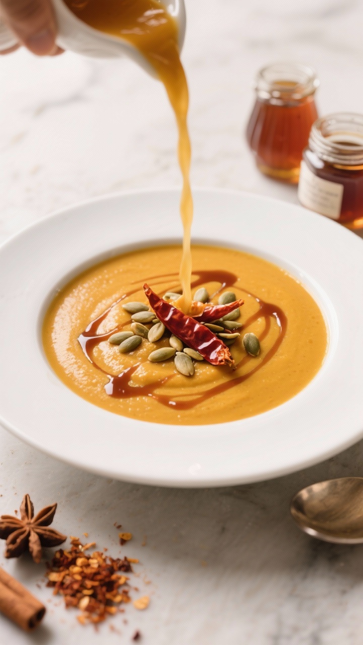 Straight-on pour shot of Spiced Pumpkin Soup With Maple Chili Drizzle: silky pumpkin-coconut base seasoned with cumin, cinnamon, and nutmeg; maple-chili streaks across the surface; pepitas sprinkled; small jars of maple syrup and chili flakes in frame.