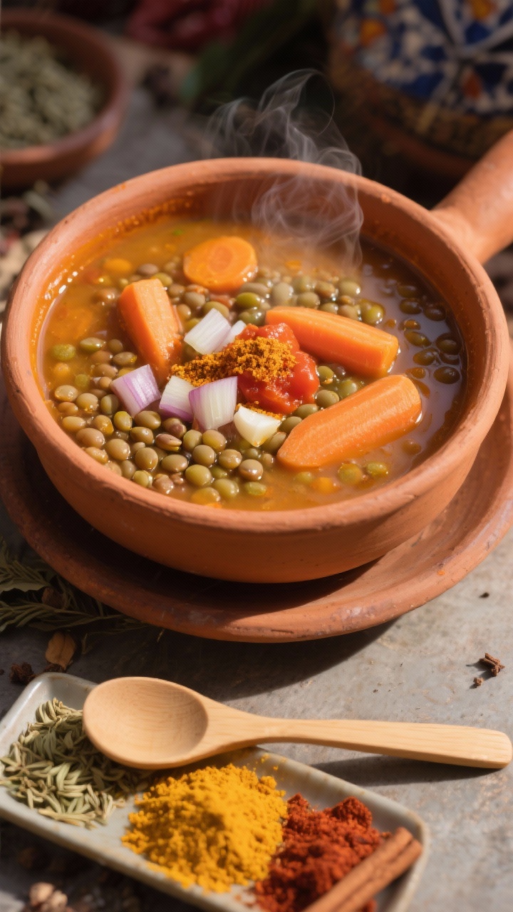 Straight-on process shot of Moroccan-spiced lentil and carrot soup simmering in a terra-cotta pot, orange-gold broth bubbling gently. Visible elements: diced onion and garlic, tomato paste staining the broth, rounds of carrot, brown or green lentils, and warm spices floating in oil/broth—ground cumin, coriander, turmeric, cinnamon, and paprika. A small spice tray sits in the foreground with measured mounds of each spice; a wooden spoon rests across the pot. Earthy, sunlit ambiance to evoke travel and spice-market warmth; steam captured for aroma.