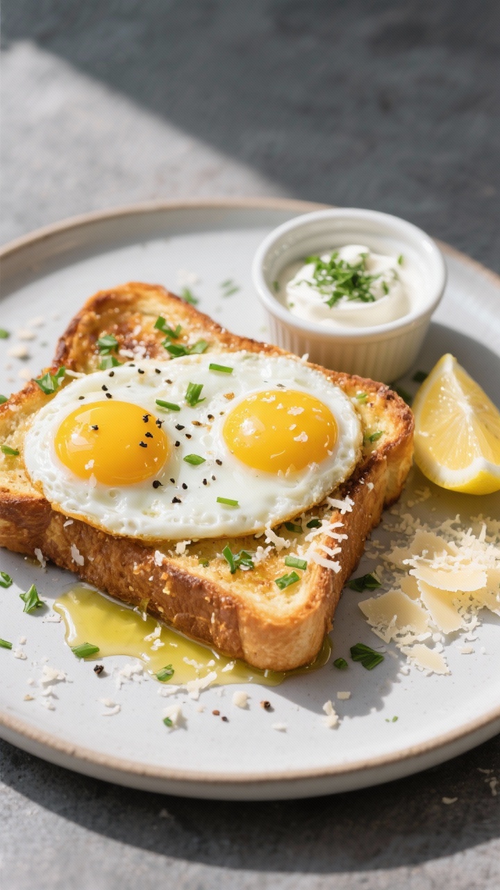 Straight-on savory plating of Parmesan & Herb French Toast with Fried Eggs: thick savory slices flecked with grated Parmesan, chopped parsley, and chives, topped with two sunny-side-up eggs (runny yolks), finished with cracked black pepper, sea salt flakes, and a drizzle of olive oil. Include a small ramekin of herbed crème fraîche or Greek yogurt, lemon wedge, and extra shaved Parmesan. Clean ceramic plate, slate background, bright directional light for a bistro feel.