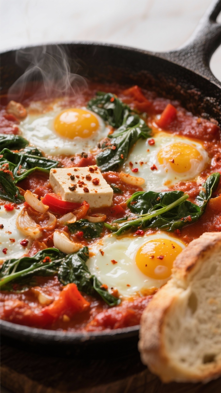 Straight-on, shallow-depth shot of creamy tofu spinach shakshuka: rich, spiced tomato base (from a 28 oz can) simmered with onion, red bell pepper, garlic, smoked paprika, cumin, and red pepper flakes; dollops of creamy tofu “eggs” nestled in, wilted spinach peeking through; served in a cast-iron skillet with crusty bread at the edge; steam rising, glossy sauce.
