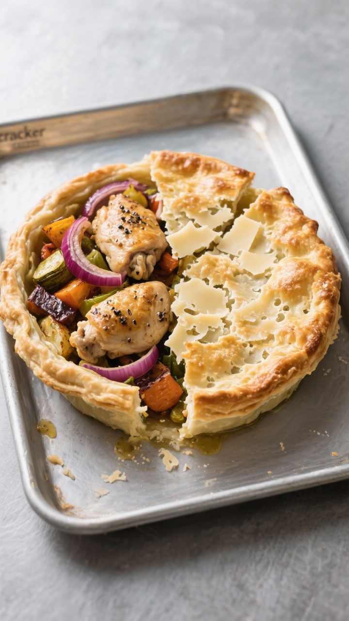 Straight-on sheet pan composition of a deconstructed pot pie with a Parmesan “cracker” lid: roasted chunks of olive oil–tossed chicken thighs (salt and black pepper), caramelized red onion slices, and mixed roasted vegetables on one side; on the other, a large, lacy, golden Parmesan sheet baked crisp and ready to crack over the filling. Light catching the bubbly, frico-like texture. Minimalist stainless surface, crisp, modern styling.