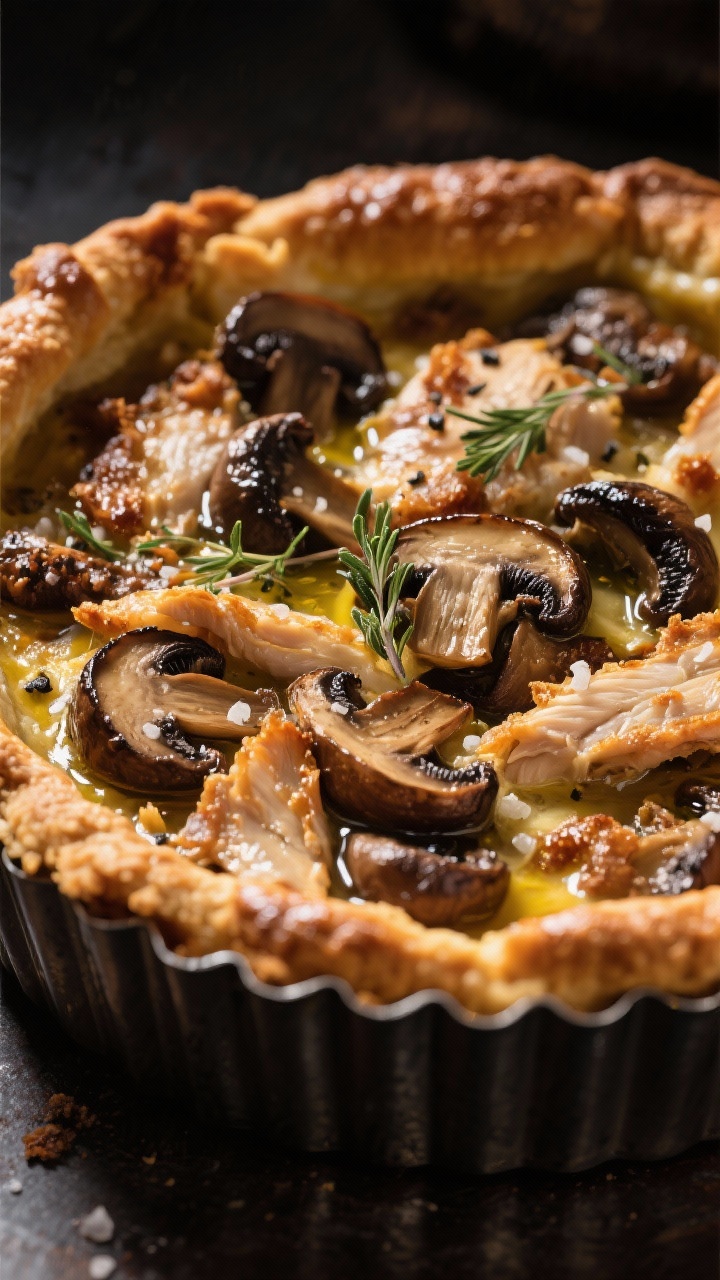 Straight-on shot of a Crispy Chicken Skin “Cracklin’” Crust Quiche with Roasted Mushrooms: the rim shows shingles of golden chicken skin crisped into a lacquered, bubbled crust seasoned with kosher salt and black pepper; the filling dotted with deeply roasted cremini mushrooms, olive oil sheen, and flecks of fresh thyme; served in a dark metal tin to emphasize contrast; moody lighting and shadows to highlight texture of the cracklin’ crust and caramelized mushroom caps.