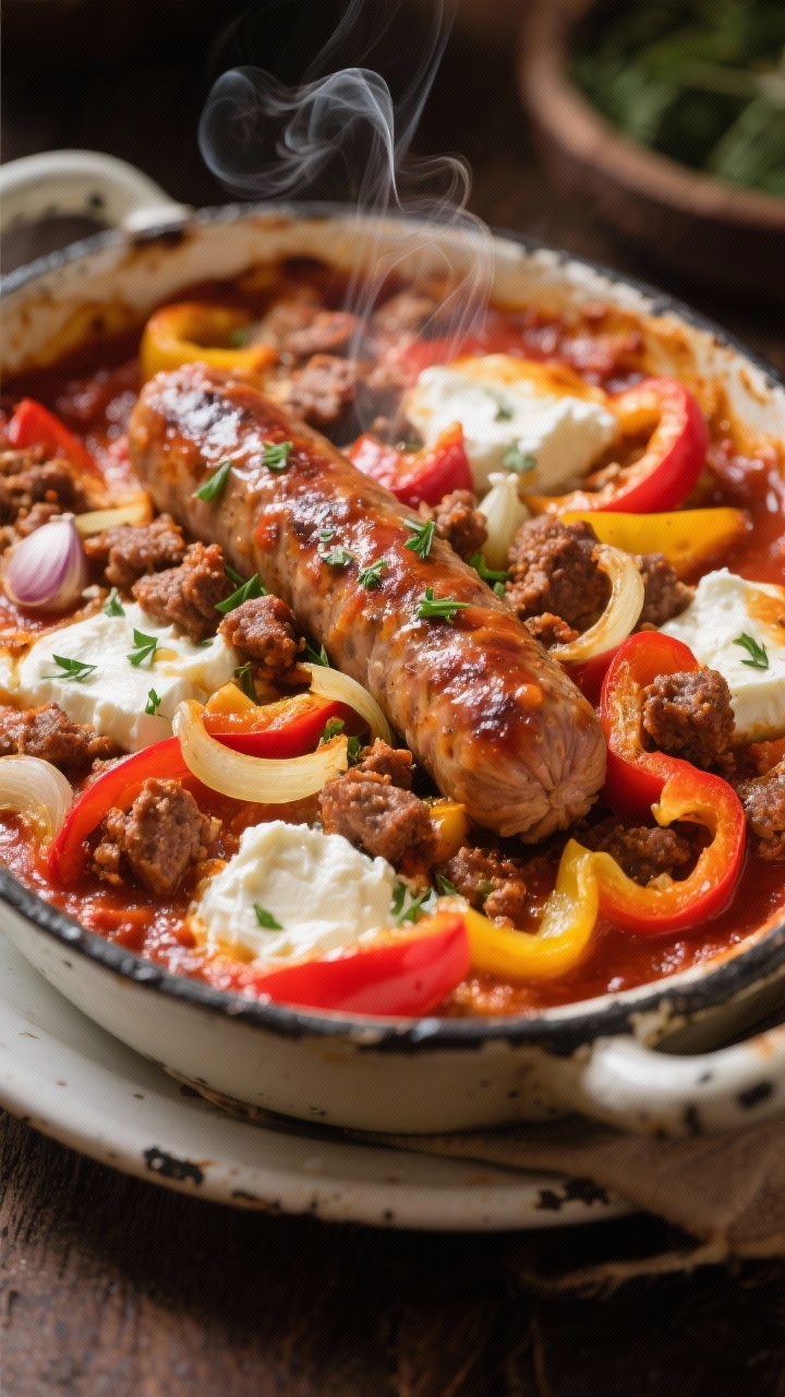 Straight-on shot of an Italian sausage, peppers, and ricotta bake in a rustic enamel dish: crumbled browned Italian sausage nestled with sliced onions and red/yellow bell peppers, garlic-laced low-carb marinara bubbling around edges, creamy dollops of ricotta visible between layers, a sprinkle of Italian herbs on top; strands of steam rising, vibrant red and gold pepper ribbons, warm tungsten glow for trattoria vibe.