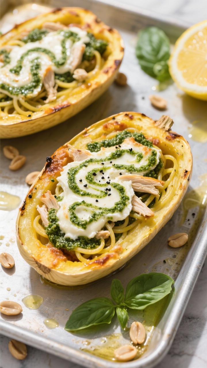 Straight-on shot of Creamy Pesto Spaghetti Squash Lasagna Boats: halved roasted spaghetti squash boats filled with basil pesto-tossed strands, ricotta swirls, shredded chicken, and melted mozzarella, lightly browned on top; vibrant green pesto marbling through golden squash strands, black pepper and a squeeze of lemon visible on the side; presented on a sheet pan with olive oil drips, scattered pine nuts and basil leaves, bright, fresh lighting.