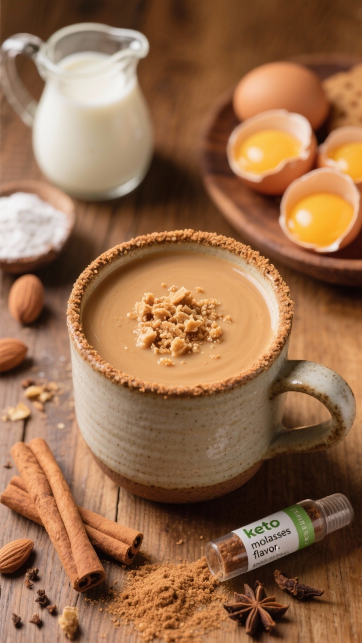 Straight-on shot of gingerbread cookie eggnog in a rustic ceramic mug, thick and velvety with a caramel-beige color. Rim dusted with gingerbread spice, topped with a light sprinkle of cinnamon and crushed keto ginger cookie crumbs. Include ingredients in frame: unsweetened almond milk, heavy or coconut cream in a tiny jug, three egg yolks, powdered allulose, and a small vial labeled “keto molasses flavor.” Set on a warm wood table with gingerbread spices scattered: cinnamon sticks, ground ginger, cloves.