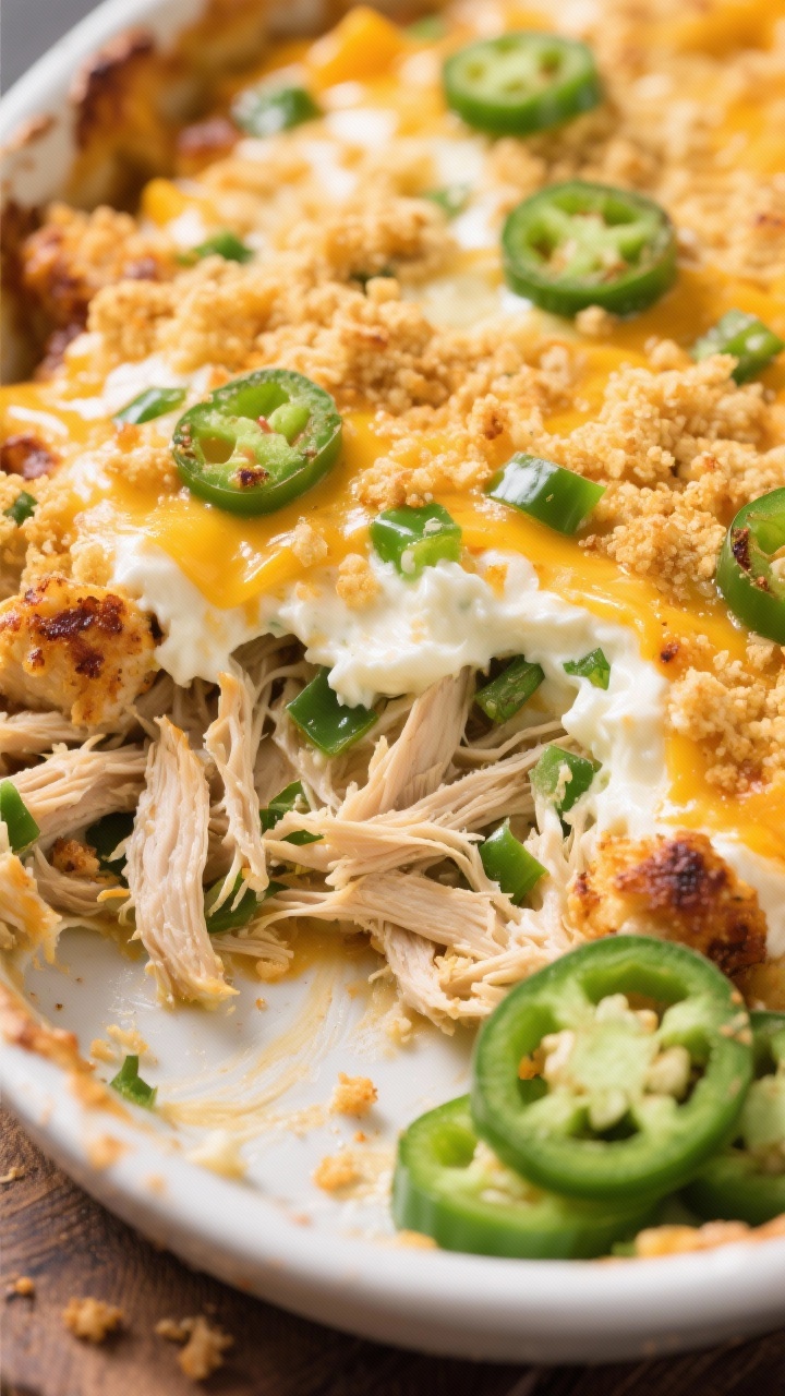 Straight-on shot of jalapeño popper chicken bake: shredded chicken folded into a rich mixture of cream cheese, mayonnaise, and sour cream, studded with finely chopped jalapeños, topped with a gooey blend of cheddar and mozzarella and a crunchy golden topping; flecks of green jalapeño peeking through, slight blistering on cheese, a few fresh jalapeño slices on the side for garnish; bright, punchy lighting for a spicy, indulgent feel.