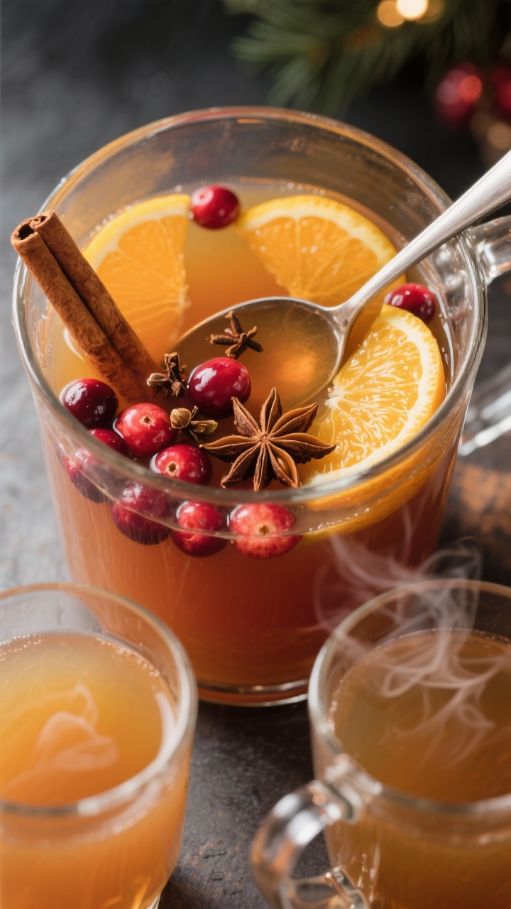 Straight-on shot of Mulled Cranberry-Apple Cider simmering in a clear glass pot: unfiltered apple cider with floating fresh cranberries, orange slices, 2 cinnamon sticks, whole cloves, one star anise, and a few allspice berries; ladle resting on the rim, soft glow from backlight making the citrus translucent; two heatproof mugs in the foreground with curls of steam, festive yet rustic feel.