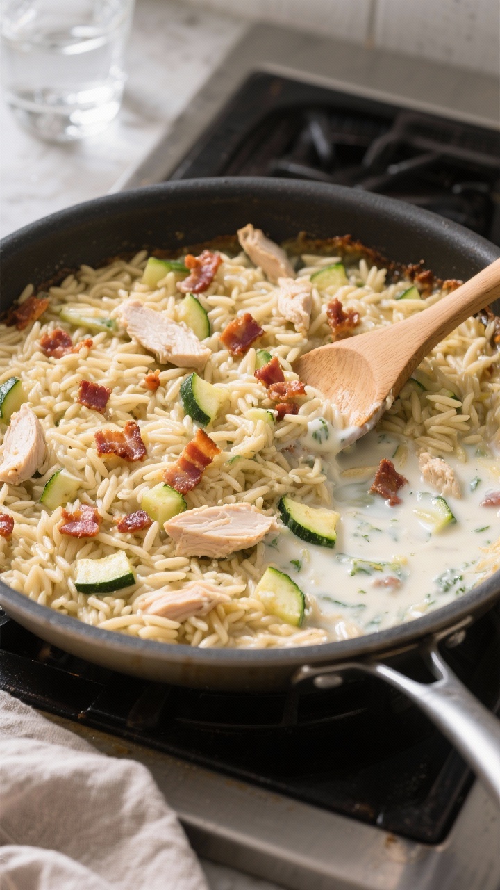 Straight-on shot of One-Pan Weeknight Ranch Orzo Bake on the stovetop: orzo simmered in low-sodium chicken broth, ranch dressing, and whole milk, studded with chopped cooked chicken, crumbled bacon, and small zucchini dice; creamy, risotto-like texture with glossy finish; presented in a wide sauté pan with a wooden spatula resting on the rim; simple weeknight vibe with a glass of water and folded linen nearby.