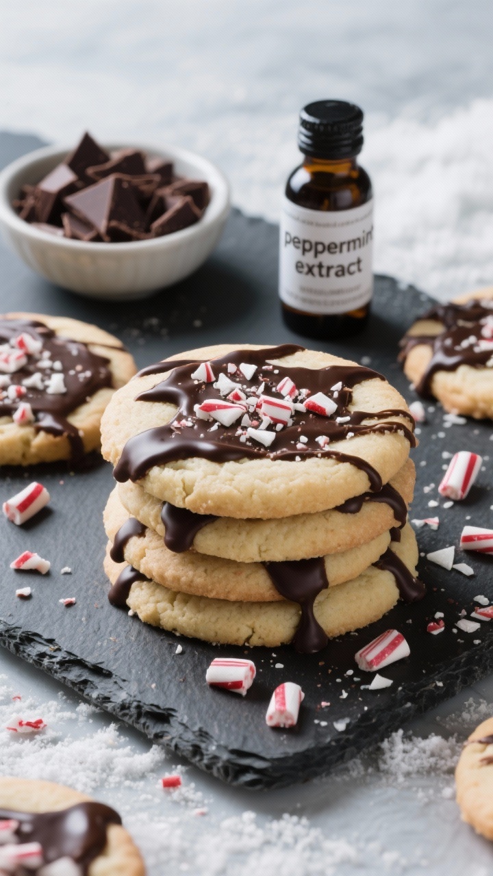 Straight-on shot of peppermint bark sugar cookies: thick rounds made from the base dough infused with peppermint extract, drizzled with glossy dark chocolate thinned with neutral oil, and topped with crushed peppermint candy shards; cookies stacked and scattered on a slate board with a bowl of finely chopped dark chocolate and a small bottle labeled “peppermint extract”; cool, wintry color palette with high contrast to make the drizzle pop.