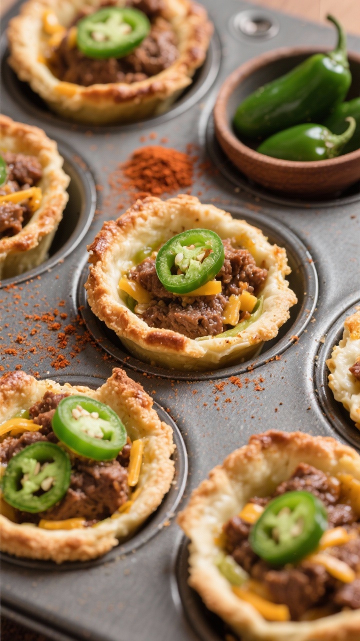 Straight-on shot of Tex-Mex beef and pickled jalapeño mini pie cups nestled in a muffin tin. The cups are formed from a mozzarella–cheddar–almond flour crust seasoned with chili powder, edges bubbly and browned. The beef filling looks juicy with a light avocado oil sheen, dotted with bright green pickled jalapeño rounds. A few cups are garnished with a tiny sprinkle of cheddar. Warm, vibrant styling with a small bowl of jalapeños and a pinch pot of chili powder in frame.