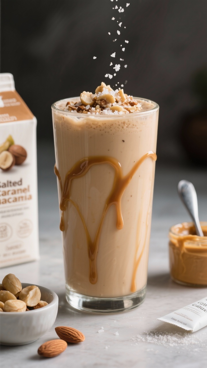 Straight-on shot of the Salted Caramel Macadamia Shake in a tall glass, pale tan caramel hue, thick and glossy. Drizzle salted caramel around the inner glass for subtle streaks; top with crushed raw macadamia nuts and a pinch of flaky sea salt. Include unsweetened macadamia milk carton, raw macadamia nuts in a small bowl, a spoonful of almond butter, and a scoop of collagen peptides off to the side. Moody, modern background with soft highlights.