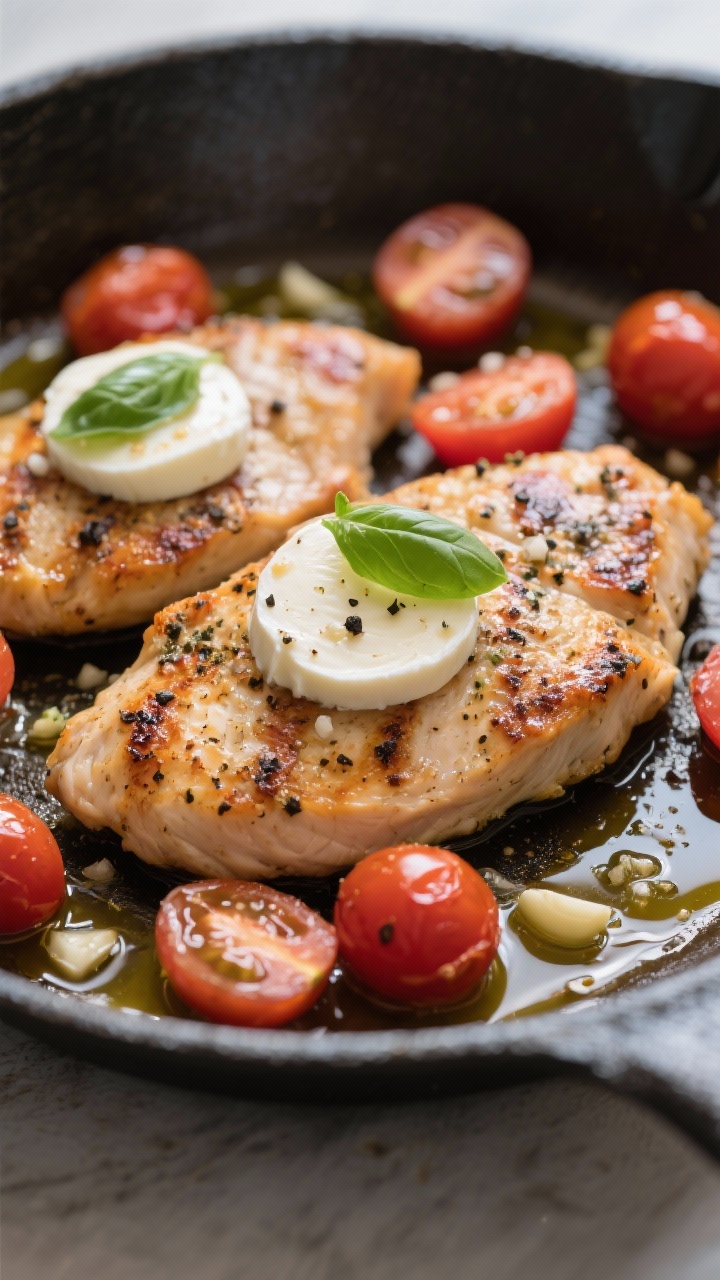 Straight-on skillet action shot of 15-minute caprese chicken: seared chicken cutlets dusted with Italian seasoning, kosher salt, and black pepper; halved grape tomatoes blistering with minced garlic in olive oil; melted mozzarella rounds draped over the cutlets, fresh basil leaves tucked in; glossy pan juices reflecting light; minimalistic background to highlight the low-carb caprese vibe.