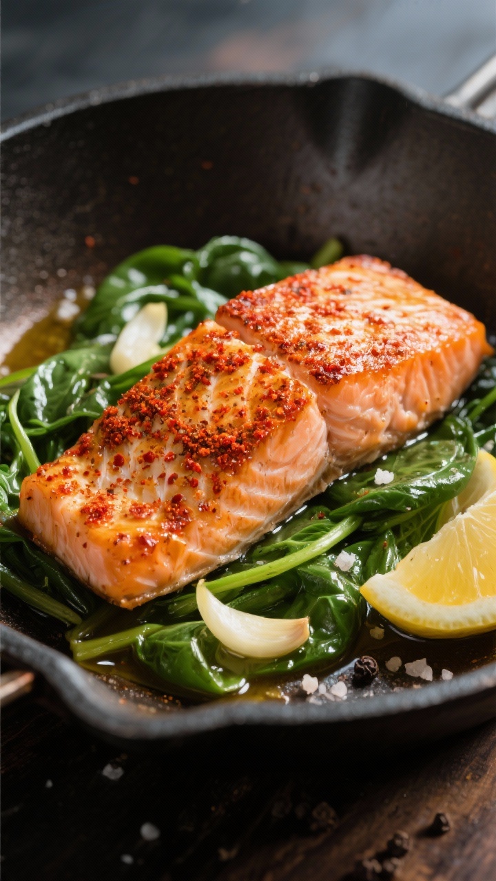 Straight-on skillet hero shot: spicy salmon fillets, skin-on, dusted with paprika and cayenne, seared to a lacquered crust; melted butter pooling with thinly sliced garlic, wilted glossy spinach underneath; kosher salt and black pepper crystals visible on the salmon, a lemon wedge off to the side, dramatic side light catching the flaky layers.