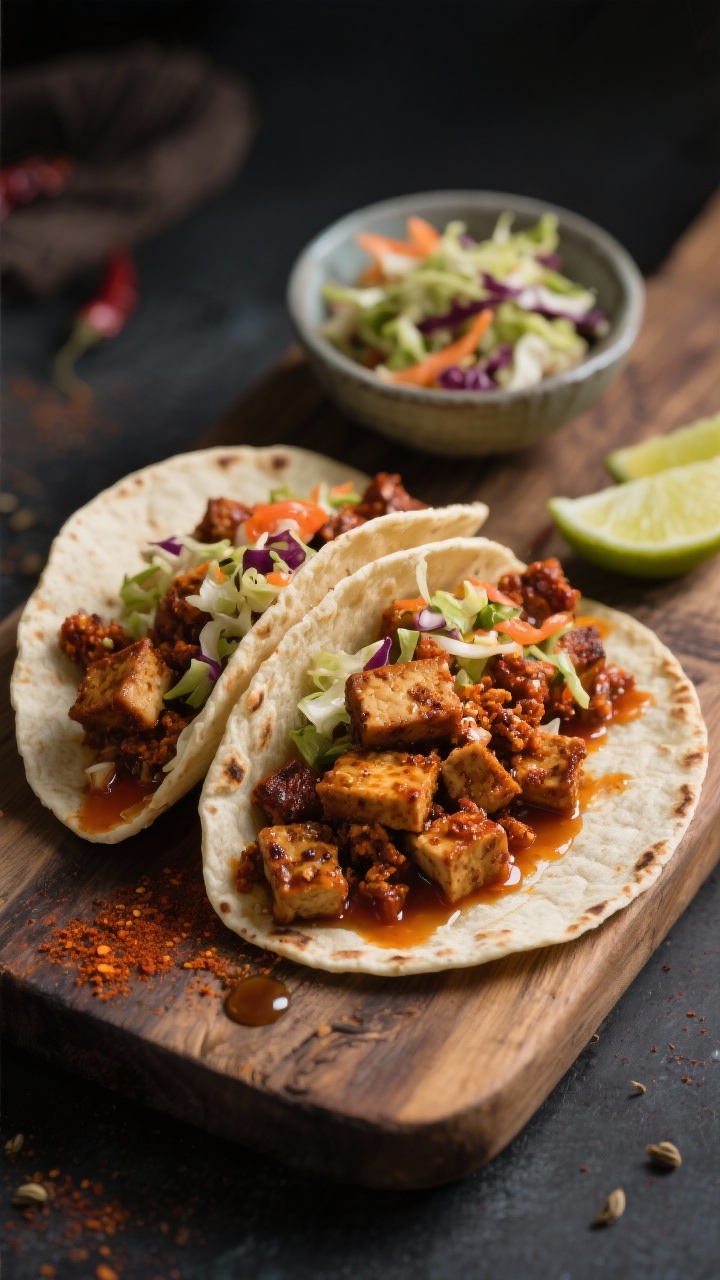 Straight-on taco scene: smoky tempeh crumbles tossed with chipotle spices (smoked paprika, cumin, chili powder), soy sauce, maple syrup, tomato paste glaze; piled into warm tortillas with crunchy chipotle slaw, lime wedges on the side; small bowl of extra slaw behind; rustic wooden board, moody contrast to emphasize caramelized edges on the tempeh, crisp textures.