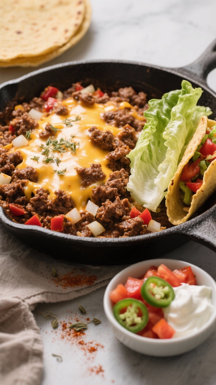 Straight-on taco skillet scene: Cheesy beef taco skillet in a cast-iron pan—ground beef browned with diced onion, minced garlic, chili powder, cumin, smoked paprika, and dried oregano, topped with melted cheese. On the side, crunchy romaine or iceberg lettuce cups ready for filling. Small bowls of low-carb toppings (diced tomatoes, sliced jalapeños, sour cream). Emphasis on “hidden carbs” avoidance—no tortillas in frame. Rich, appetizing browns and reds, slight cheese pull.