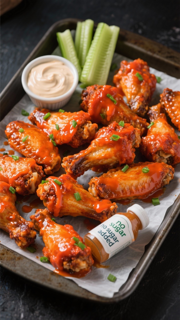 Straight-on tray of buffalo ranch wings: blistered, sauce-lacquered wings with a vibrant orange-red buffalo glaze, drizzled with creamy ranch, sprinkled with chopped chives; celery and cucumber sticks on the side, a ramekin of extra ranch, and a small bottle with a visible “no sugar added” label edge peeking to emphasize label-checking; shot on a dark baking sheet with parchment, punchy contrast.