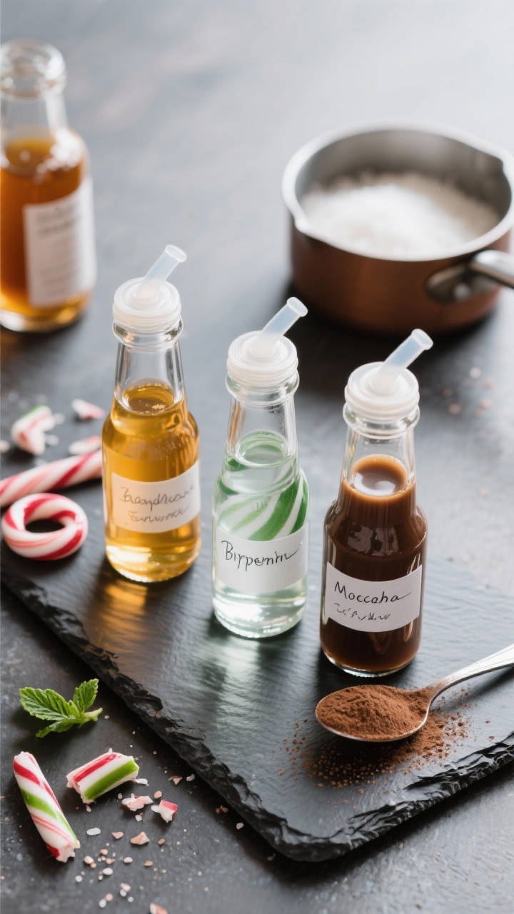 Straight-on trio of budget syrups in small clear glass bottles with pour spouts: caramel-gold, peppermint-clear, and mocha-deep brown, arranged on a dark slate board. Include a small saucepan with base simple syrup (granulated sugar, water, pinch of salt) in the background, peppermint extract bottle beside fresh broken candy cane shards for context, and a cocoa-dusted spoon for the mocha syrup. Reflections crisp, labels handwritten, minimalist styling, bright highlights to show viscosity and sheen.