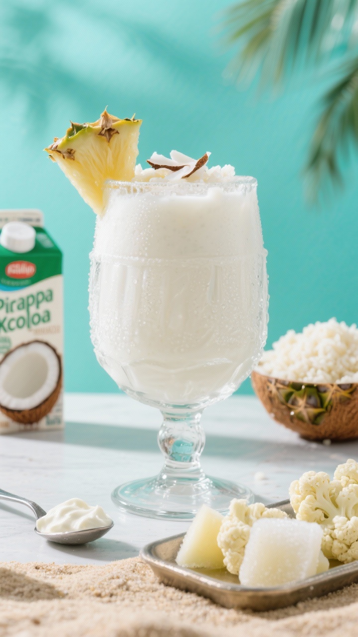 Straight-on tropical final presentation of a Piña Colada keto cooler in a chilled hurricane glass: silky-white body from coconut milk and coconut cream, frosty texture with hidden cauliflower rice for body, garnished with a small wedge of frozen pineapple and a few coconut flakes. Supporting props: carton coconut milk, a spoonful of canned coconut cream, frozen cauliflower rice in a bowl, and frozen pineapple chunks on a tray. Bright beachy lighting, light teal backdrop, condensation and frost emphasized.