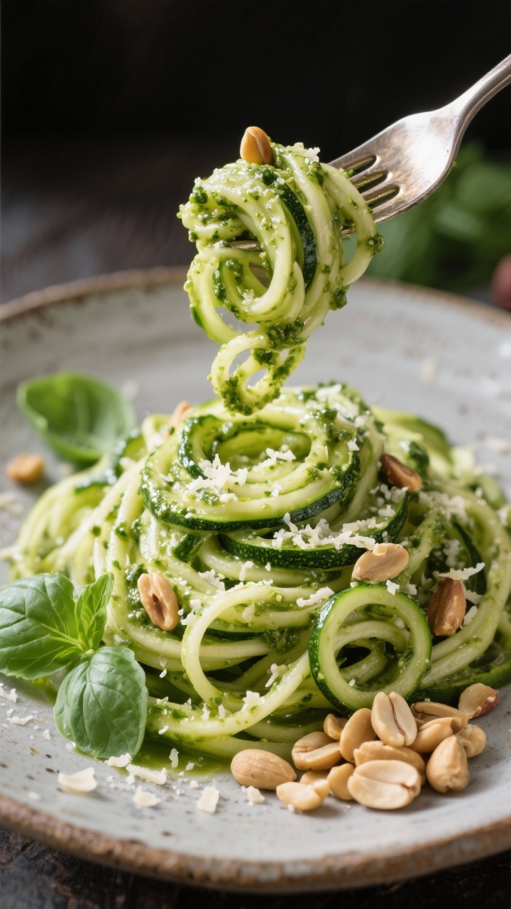 Straight-on twirl shot of Creamy Pesto Zoodles: spiralized zucchini noodles coated in a glossy basil pesto made with extra-virgin olive oil, grated Parmesan, pine nuts, garlic, and sea salt; a fork lifting a nest of zoodles, pesto clinging with visible Parmesan granules and nut pieces; scattered fresh basil leaves and a small heap of pine nuts on a rustic plate.