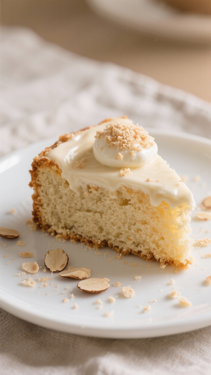 Three-quarter, straight-on hero shot of a Tres Leches–inspired almond cake slice on a white plate: moist, tender crumb from almond flour and coconut flour, fine even lift from baking powder and structure from xanthan gum; visible soak-style sheen suggesting condensed-milk-inspired moisture without sugar; topped with a light cream dollop and a sprinkle of almond flour “crumb,” crumbs scattered artfully on a neutral linen; warm, inviting light to convey dreamy softness.