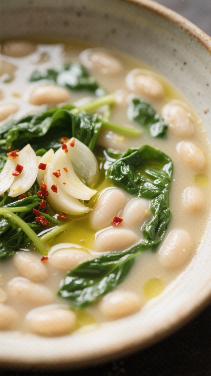 Tight close-up of Garlicky White Bean Spinach Soup: silky cannellini beans suspended in a light broth dotted with thinly sliced sautéed garlic and a hint of red pepper flakes; wilted baby spinach ribbons; drizzle of olive oil creating highlights; served in a shallow ceramic bowl.