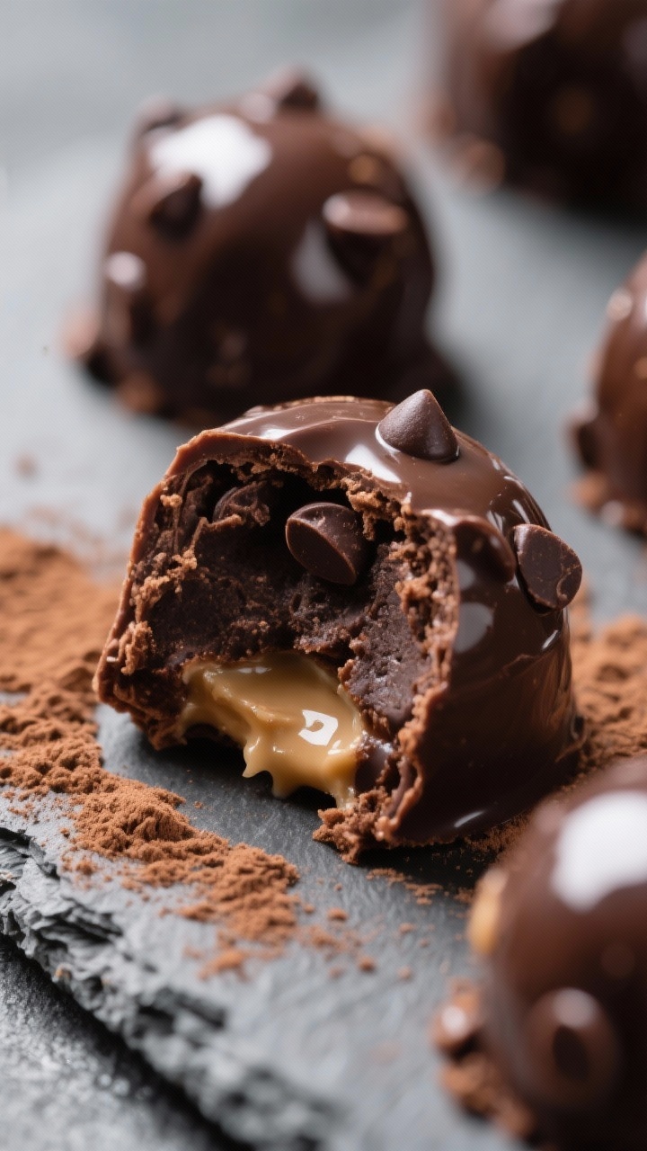 Tight macro close-up of chocolate fat bombs just set on a cool slate: cut piece reveals dense, fudgey interior made from sugar-free dark chocolate chips, keto sugar-free condensed milk, cocoa powder, almond butter, and a gloss from butter/coconut oil; faint cocoa dusting around, dramatic light catching satiny edges, rich dark chocolate tones balanced with warm brown nut-butter hues.