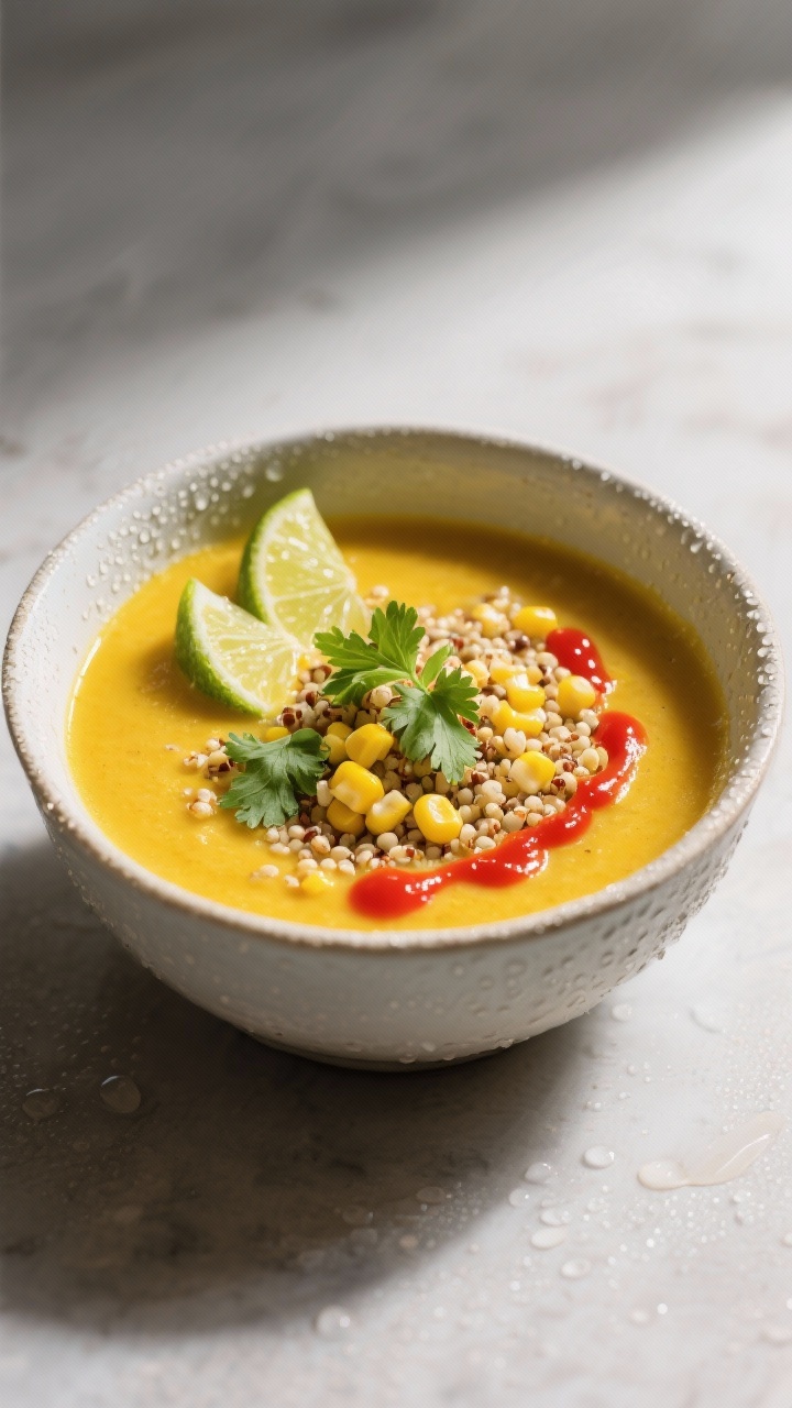 Vibrant 45-degree image of Sriracha Lime Corn & Quinoa Soup: sunny yellow broth with sweet corn and pearly quinoa, cumin warmth; bright red sriracha drizzle and lime wedges; cilantro scattered; condensation on bowl for fresh, hot feel.