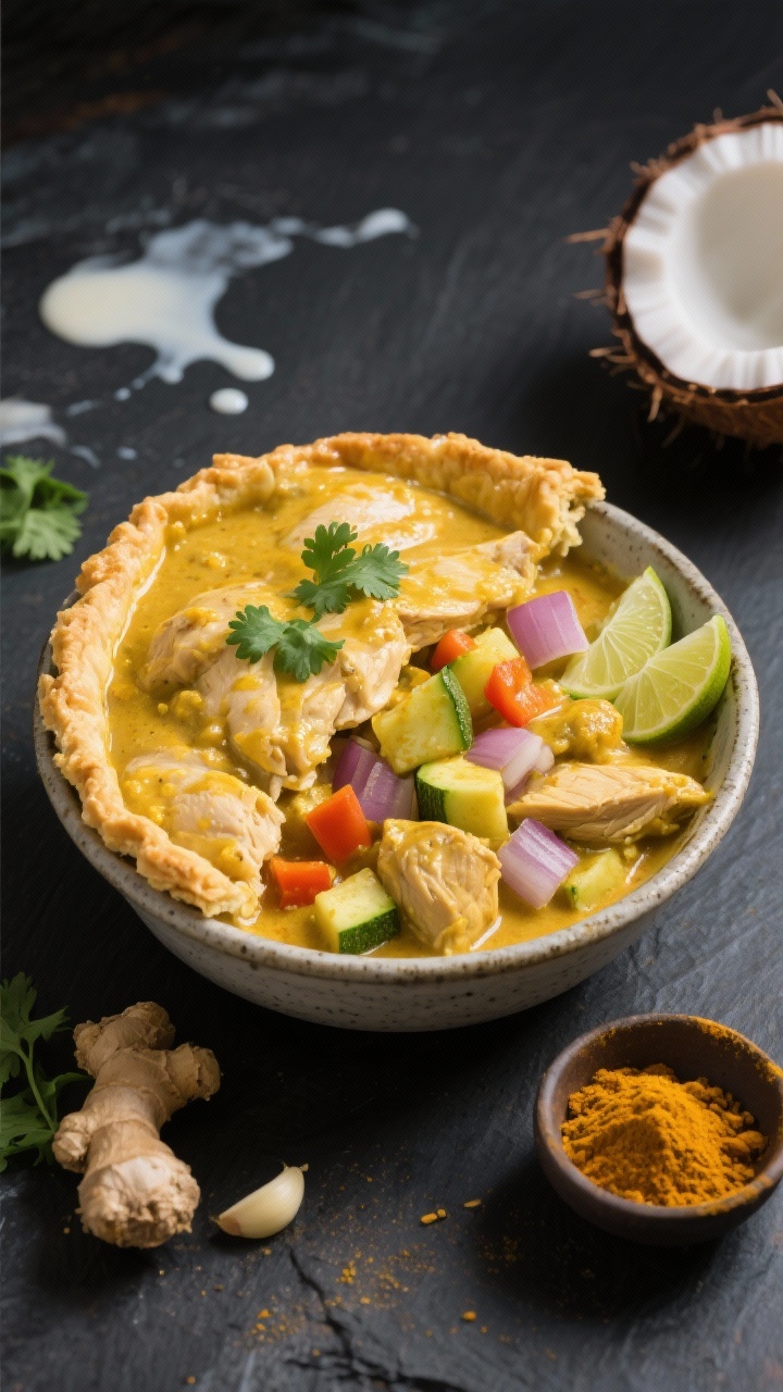 Vibrant overhead bowl of creamy coconut curry chicken pot pie filling ladled into a shallow stoneware dish, topped with a few golden crisp edges of low-carb crust accents: coconut oil and ghee base, diced onion, bell pepper, zucchini, fresh grated ginger, garlic, and chicken in a lush coconut curry sauce. Garnished with cilantro and lime wedges, turmeric-gold hues pop against a dark slate background. Drips of coconut milk and a small dish of curry spices nearby.