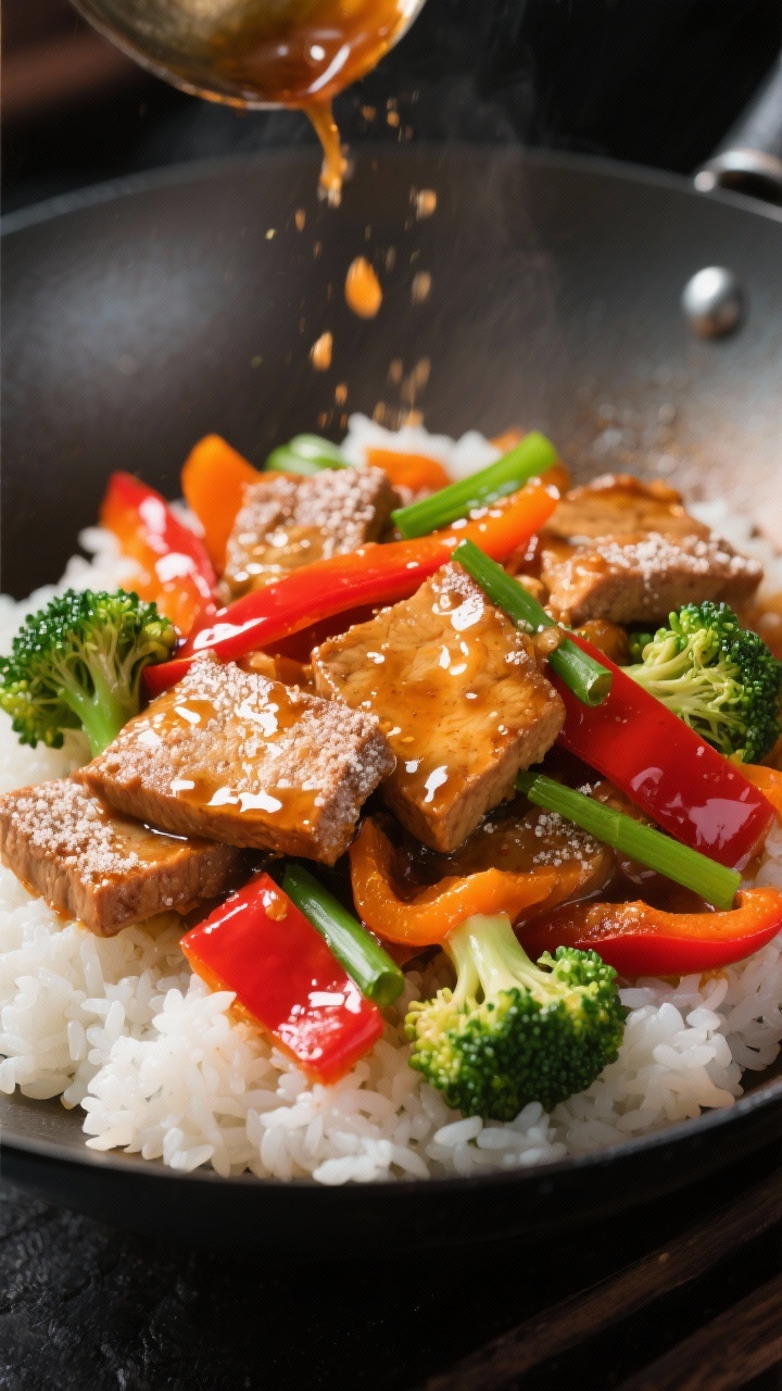 Wok action close-up of sticky orange-ginger seitan stir-fry: seitan slices lightly dusted with cornstarch, lacquered in a sticky orange-ginger sauce; bright red bell pepper strips, small broccoli florets, and sliced green onions glistening; served over fluffy white rice; 45-degree angle to showcase shine and texture, high-contrast lighting with catchlights on the sauce.