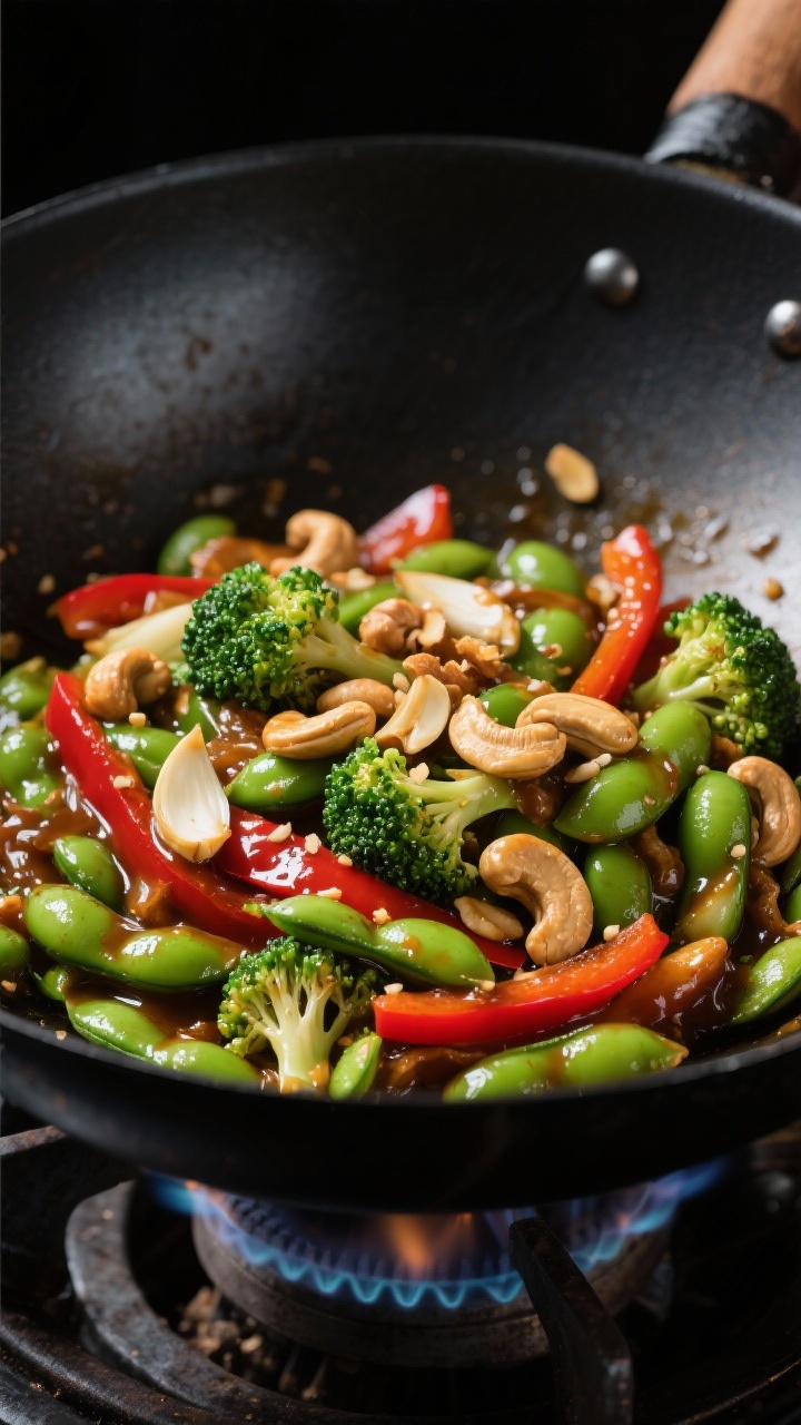Wok action shot at 45 degrees: ginger miso edamame stir-fry with bright green broccoli florets, red bell pepper strips, shelled edamame, thinly sliced garlic, and grated fresh ginger tossed in a glossy miso-ginger sauce; toasted cashews sprinkled over; high-contrast light to capture sheen and crisp-tender textures, black cast-iron wok on a gas burner.