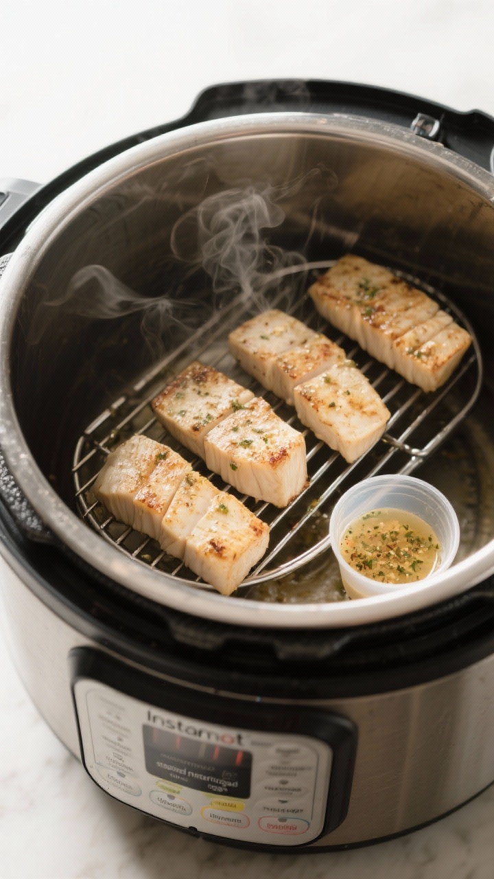 5–2-inch pieces) resting on a trivet inside an open Instant Pot, with a visible 1 cup of seasoned 