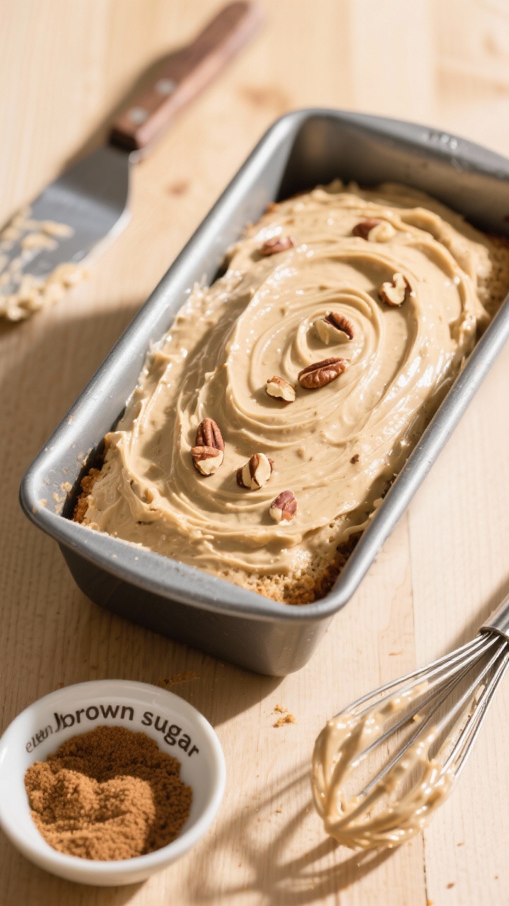 5-inch loaf pan with a spatula. Batter appears glossy and dense, showing almond flour texture and fo