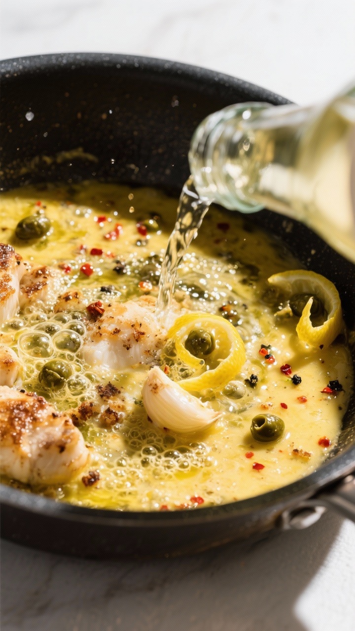 Action deglaze moment: Overhead shot of the skillet as dry white wine hits the pan, bubbles lifting 