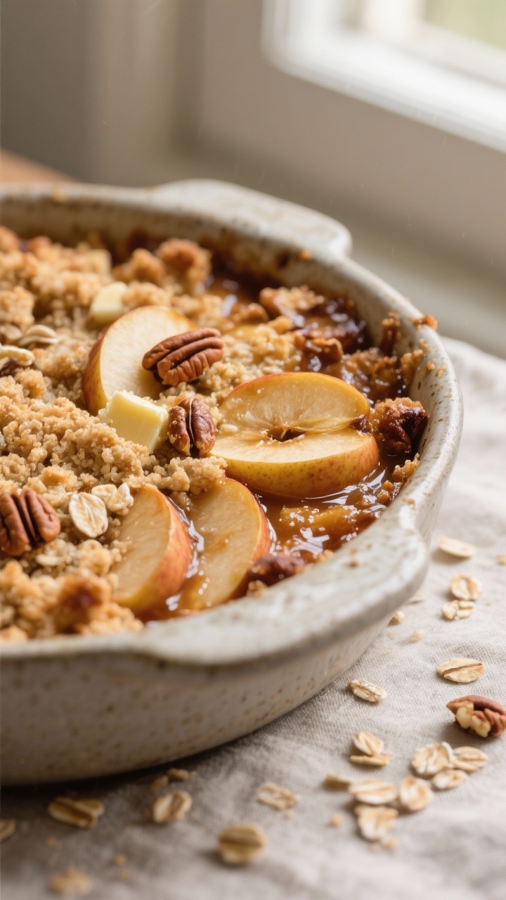 Close-up detail: A bubbling gluten-free apple crisp just out of the oven, showing jammy cinnamon-spi