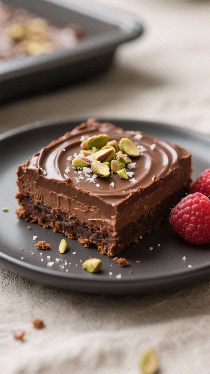 Close-up detail: A clean slice of vegan gluten-free chocolate mousse bar just cut from the pan, show