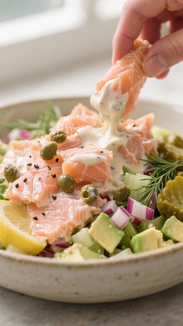 Close-up detail: A creamy keto salmon salad fold-in moment, showing tender pink salmon flakes being 