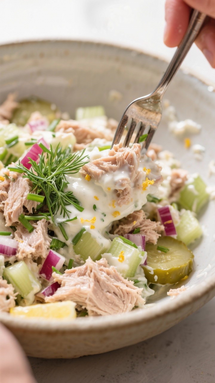 Close-up detail: A creamy low-carb tuna salad being gently folded with a fork in a ceramic mixing bo