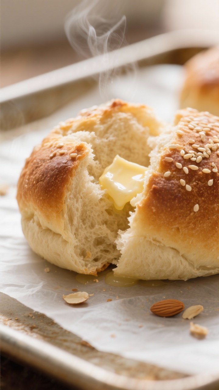 Close-up detail: A freshly baked almond flour dinner roll torn open to reveal a pillowy, tender crum