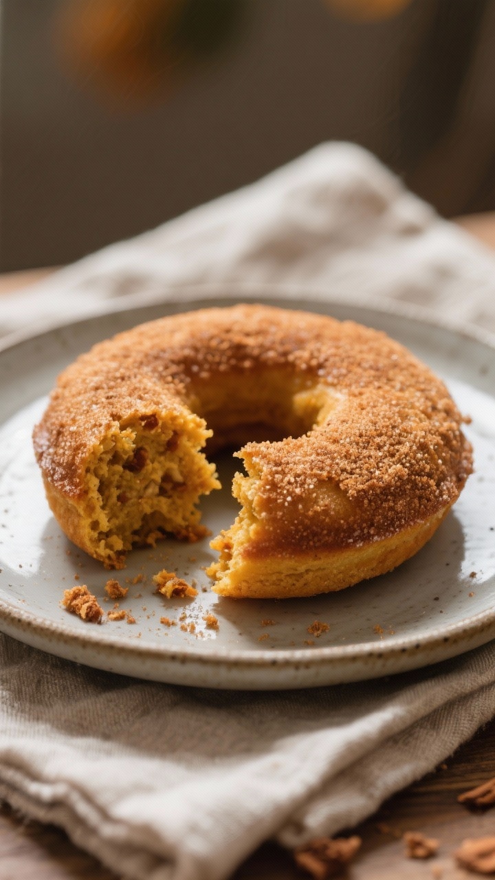 Close-up detail: A freshly baked gluten-free pumpkin donut split open to reveal a moist, tender crum
