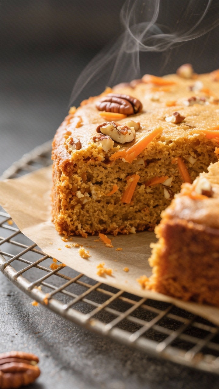 Close-up detail: A freshly baked keto carrot cake layer cooling on a wire rack, golden edges with a 