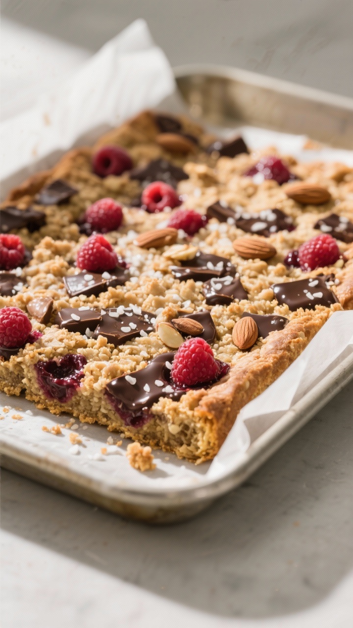 Close-up detail: A freshly baked Raspberry Chocolate Chunk Almond Bar slab just out of the pan, rust