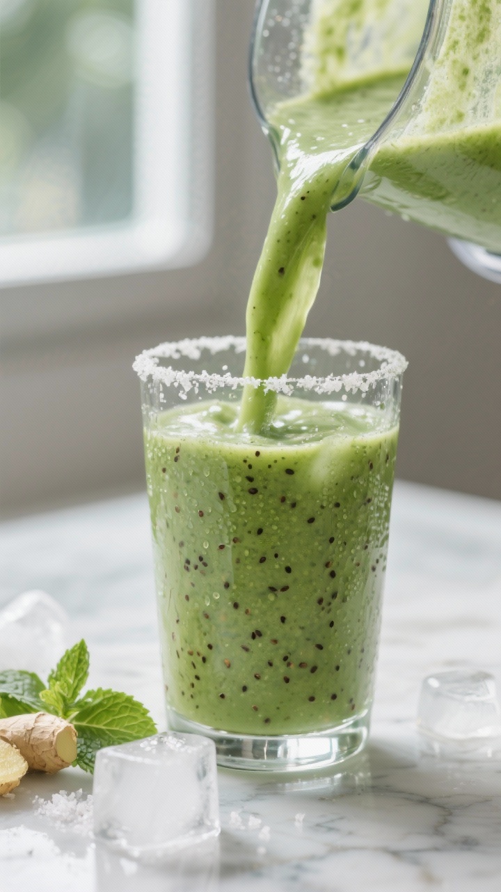 Close-up detail: A freshly blended green detox smoothie being poured from a glass blender into a chi
