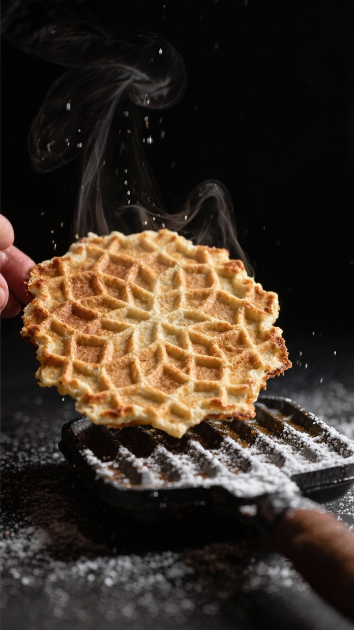 Close-up detail: A freshly cooked gluten-free pizzelle just lifted from a hot pizzelle iron, golden 