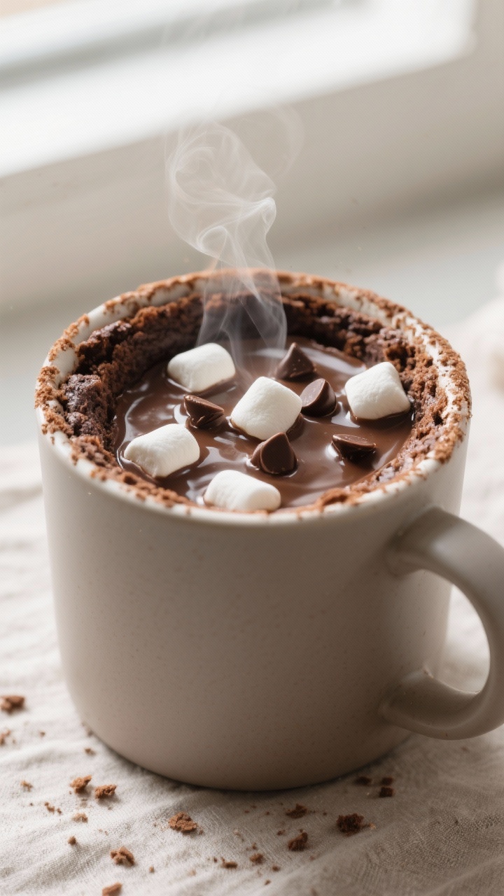 Close-up detail: A freshly microwaved hot cocoa mug cake with a glossy, fudgy center just beginning 