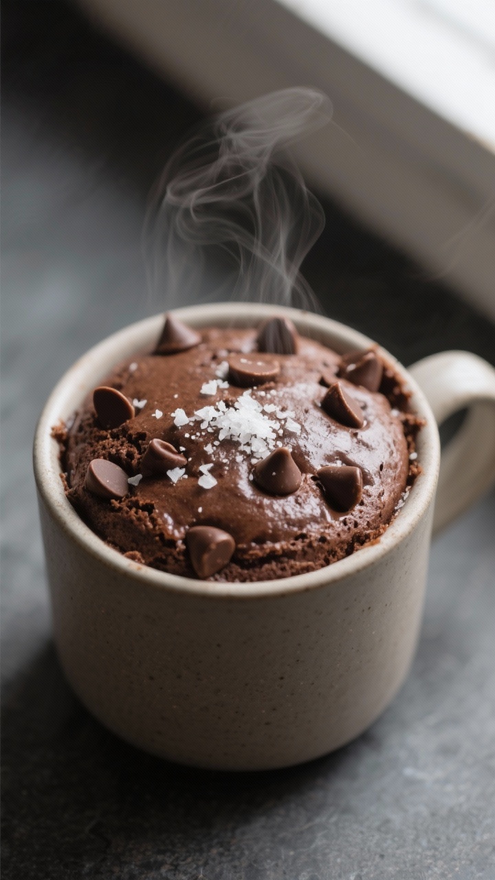 Close-up detail: A freshly microwaved vegan chocolate mug cake with a glossy, just-set center and me