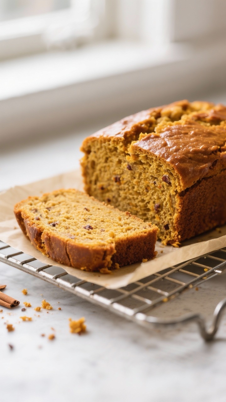 Close-up detail: a freshly sliced loaf of gluten-free, dairy-free pumpkin bread on a wire rack, show