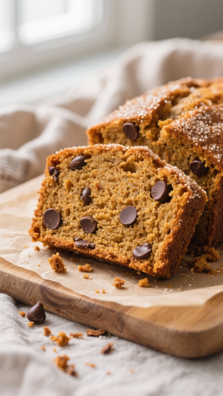 Close-up detail: A freshly sliced piece of moist gluten-free pumpkin bread, showing a plush, springy