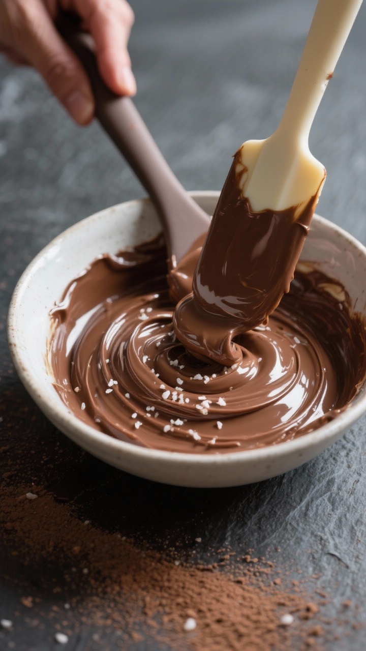 Close-up detail: A glossy bowl of finished sugar-free chocolate ganache just after emulsification, b