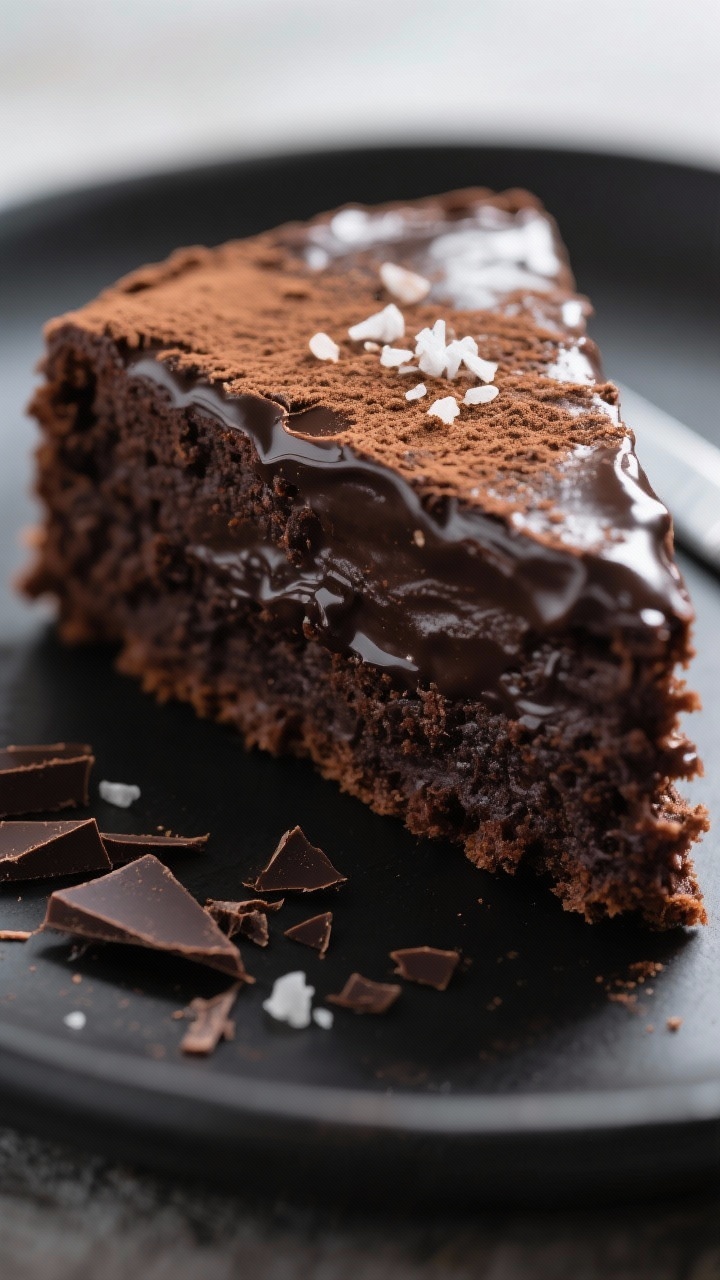 Close-up detail: A glossy slice of keto flourless chocolate cake with a dense, fudgy interior and tr